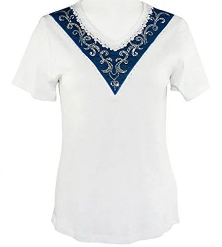 Cactus Fashion - Angled End, Short Sleeve, Lace Trim Rhinestone Cotton Top