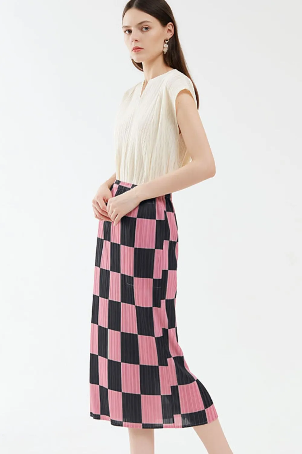 Checkerboard Accordion Pleated Midi Skirt