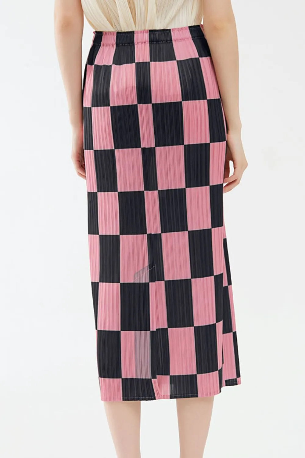 Checkerboard Accordion Pleated Midi Skirt