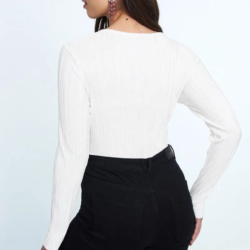 Chic Solid Color Long Sleeve V-neck Textured Bodysuit For Women