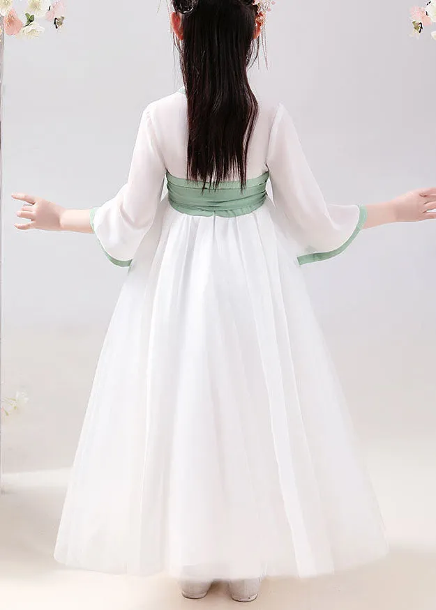 Chinese Style White Embroideried Tie Waist Patchwork Chiffon Kids Girls Dresses Summer LY6485