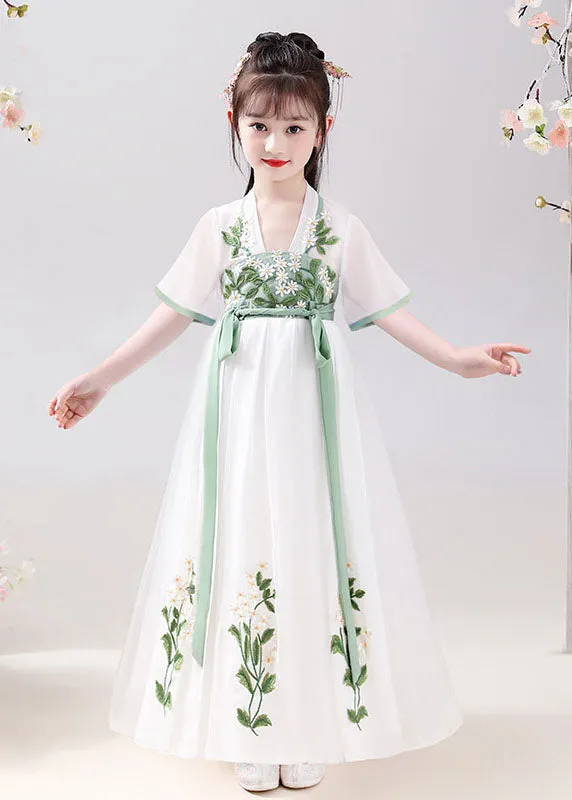 Chinese Style White Embroideried Tie Waist Patchwork Chiffon Kids Girls Dresses Summer LY6485