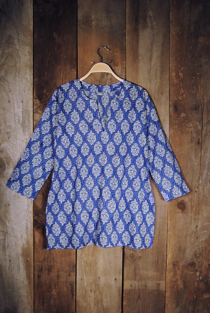 Cotton Tunic Top in Royal Blue Waves