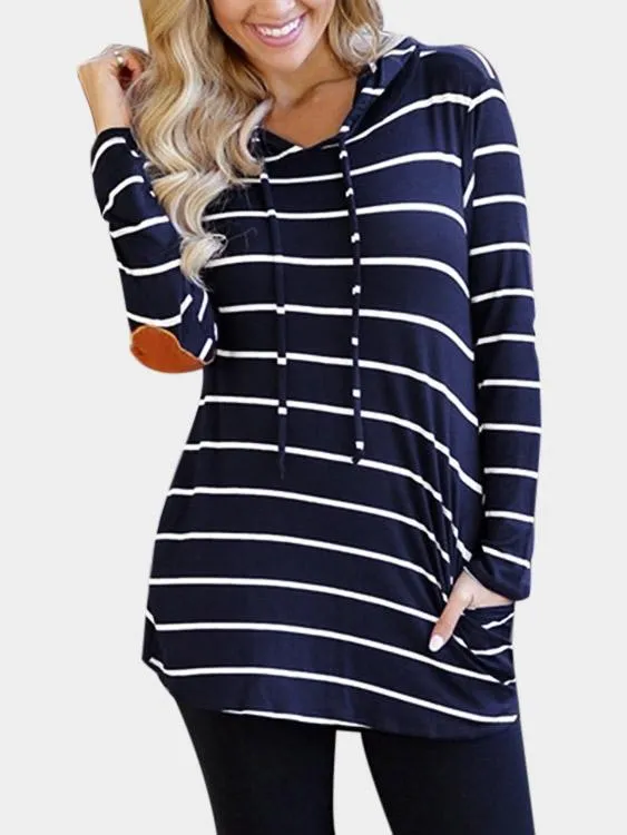 Custom Pullover Stripe Two Large Pockets Hooded Long Sleeve Navy T-Shirts