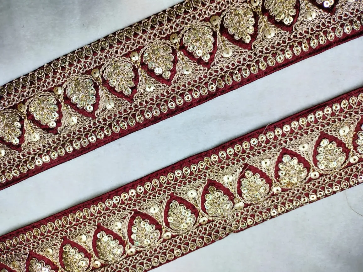 Dark Red & Golden Fancy Sequins Trim Embroidered Border