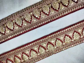 Dark Red & Golden Fancy Sequins Trim Embroidered Border