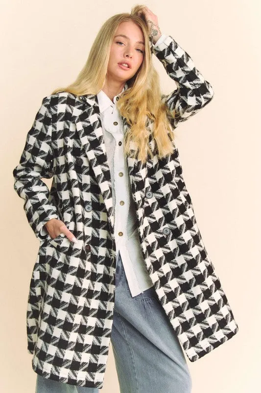 Double Breasted Houndstooth Tweed Coat