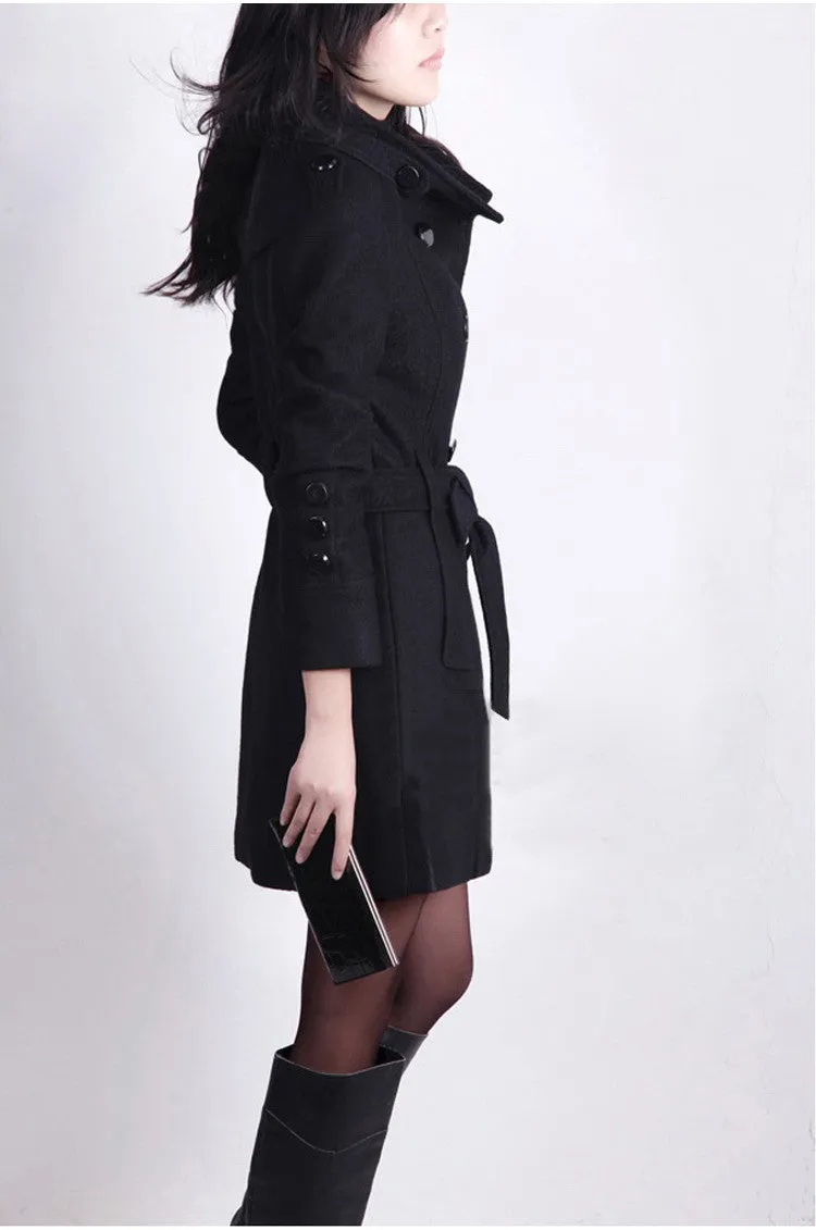 Double Breasted Stand Collar Belt Slim Long Plus Size Coat