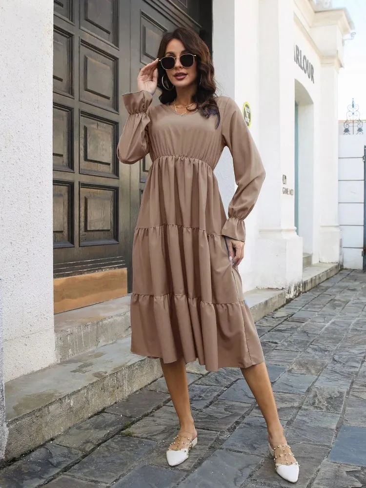 DressBetty - 2024 Casual and Comfortable V-Neck Solid Layered Chiffon Boho Dress