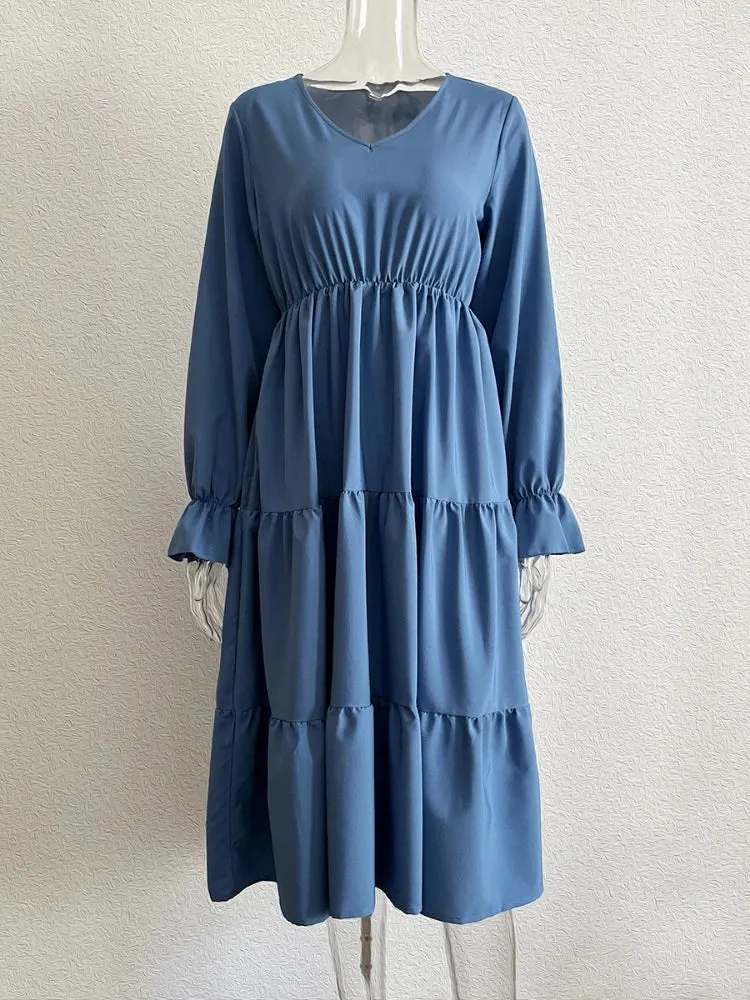 DressBetty - 2024 Casual and Comfortable V-Neck Solid Layered Chiffon Boho Dress