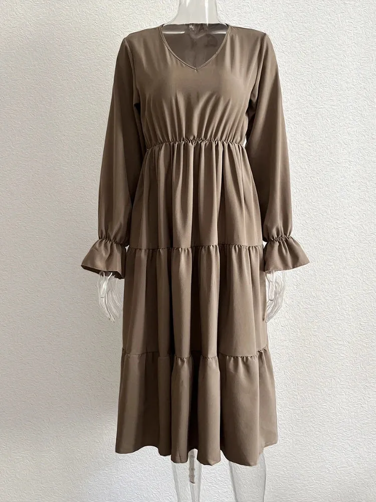 DressBetty - 2024 Casual and Comfortable V-Neck Solid Layered Chiffon Boho Dress