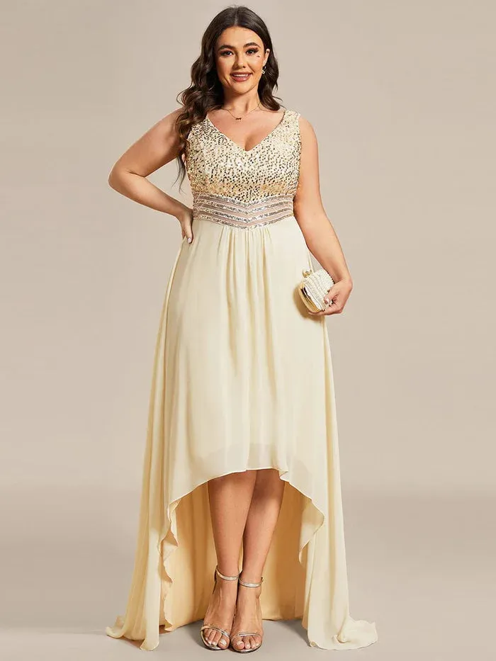 Elegant Paillette & Chiffon V-neck A-line Sleeveless Plus Size Formal Evening Dresses