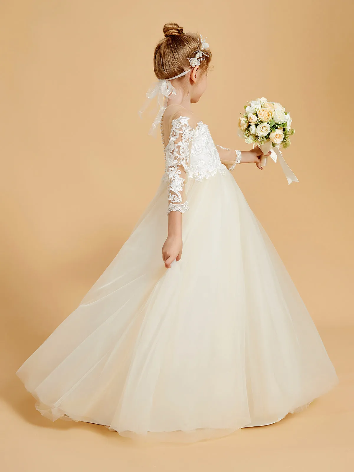 Elegant Tulle Flower Girl Dresses with Lace Applique and Button Accents Clearance