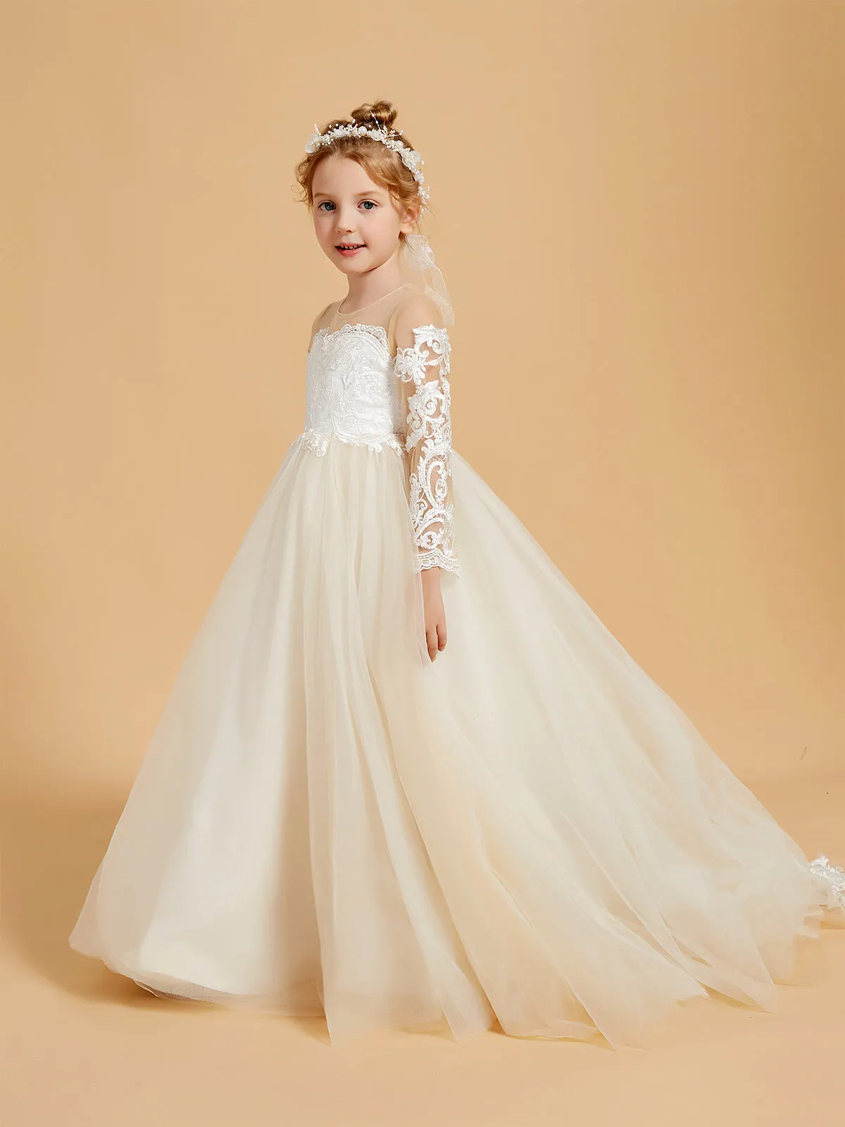 Elegant Tulle Flower Girl Dresses with Lace Applique and Button Accents Clearance