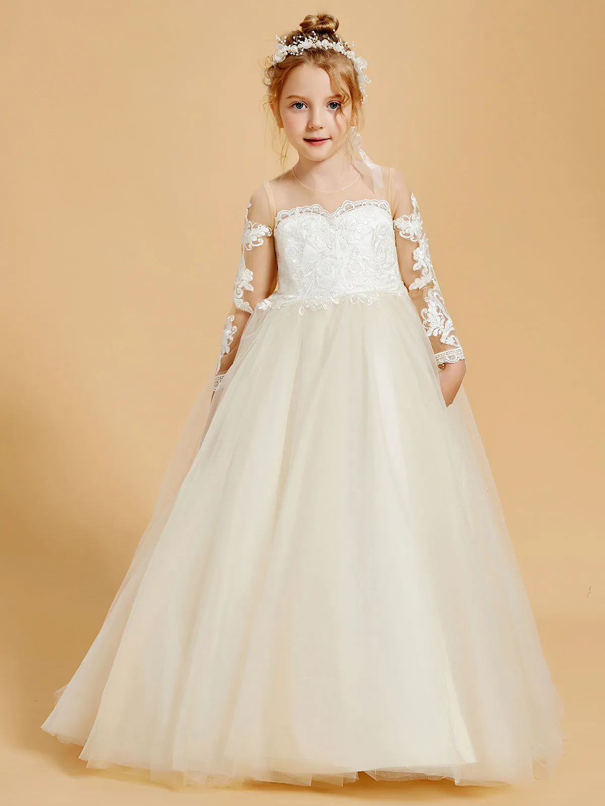 Elegant Tulle Flower Girl Dresses with Lace Applique and Button Accents Clearance