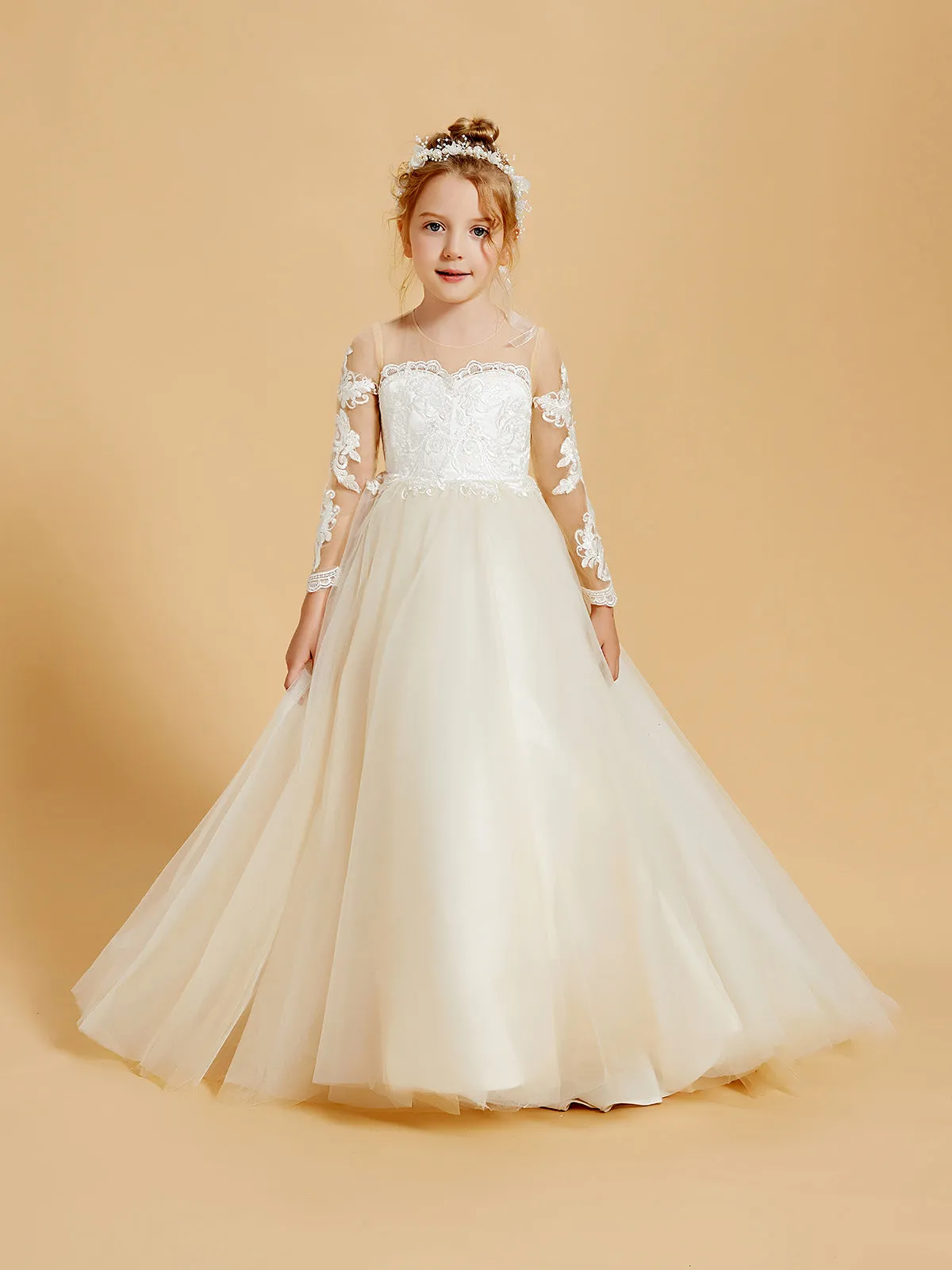 Elegant Tulle Flower Girl Dresses with Lace Applique and Button Accents Clearance