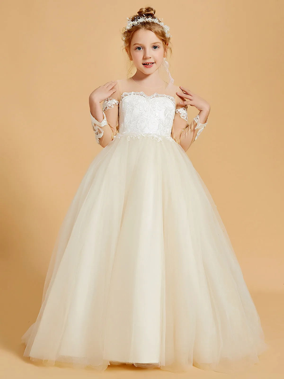 Elegant Tulle Flower Girl Dresses with Lace Applique and Button Accents Clearance