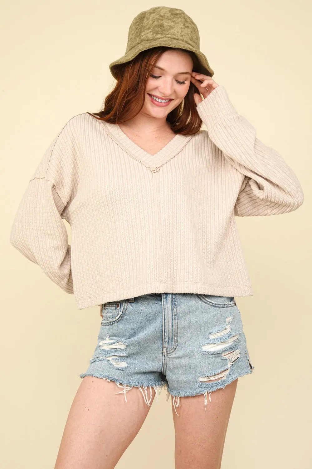 Exposed Seam V-Neck Ribbed Knit Top