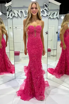 Fuchsia Sweetheart Tulle Lace Long Prom Dresses with Appliques