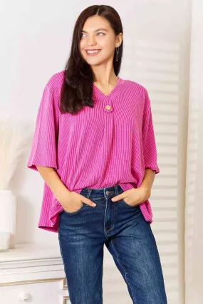 Full Size Ribbed V-Neck Short Sleeve Top