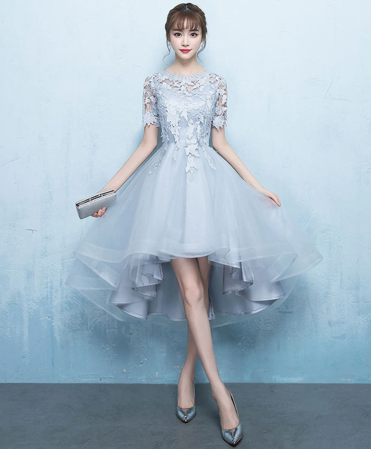 Gray Tulle Lace Applique Prom Dress, Gray Evening Dress