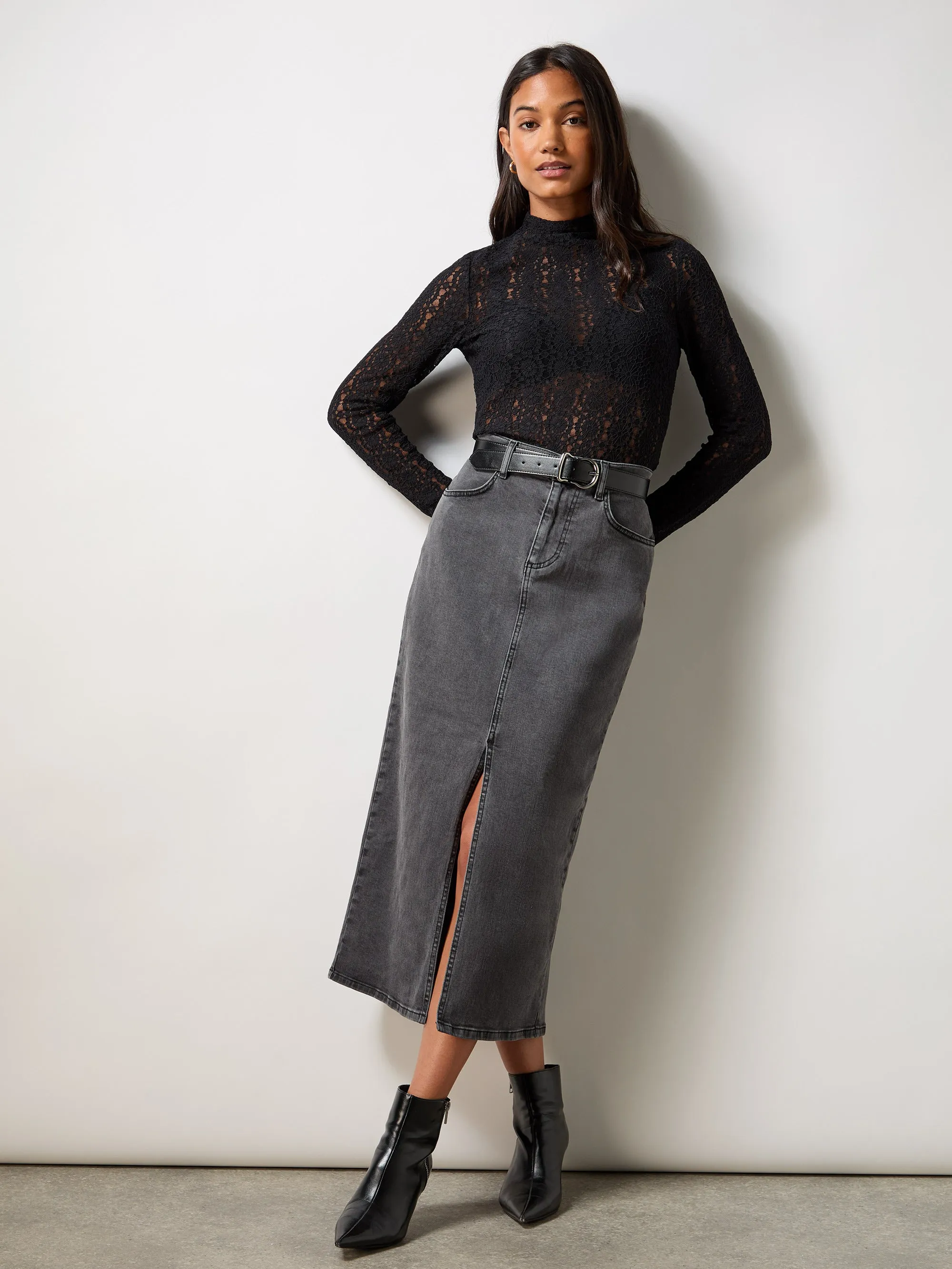 Grey Denim Midi Skirt