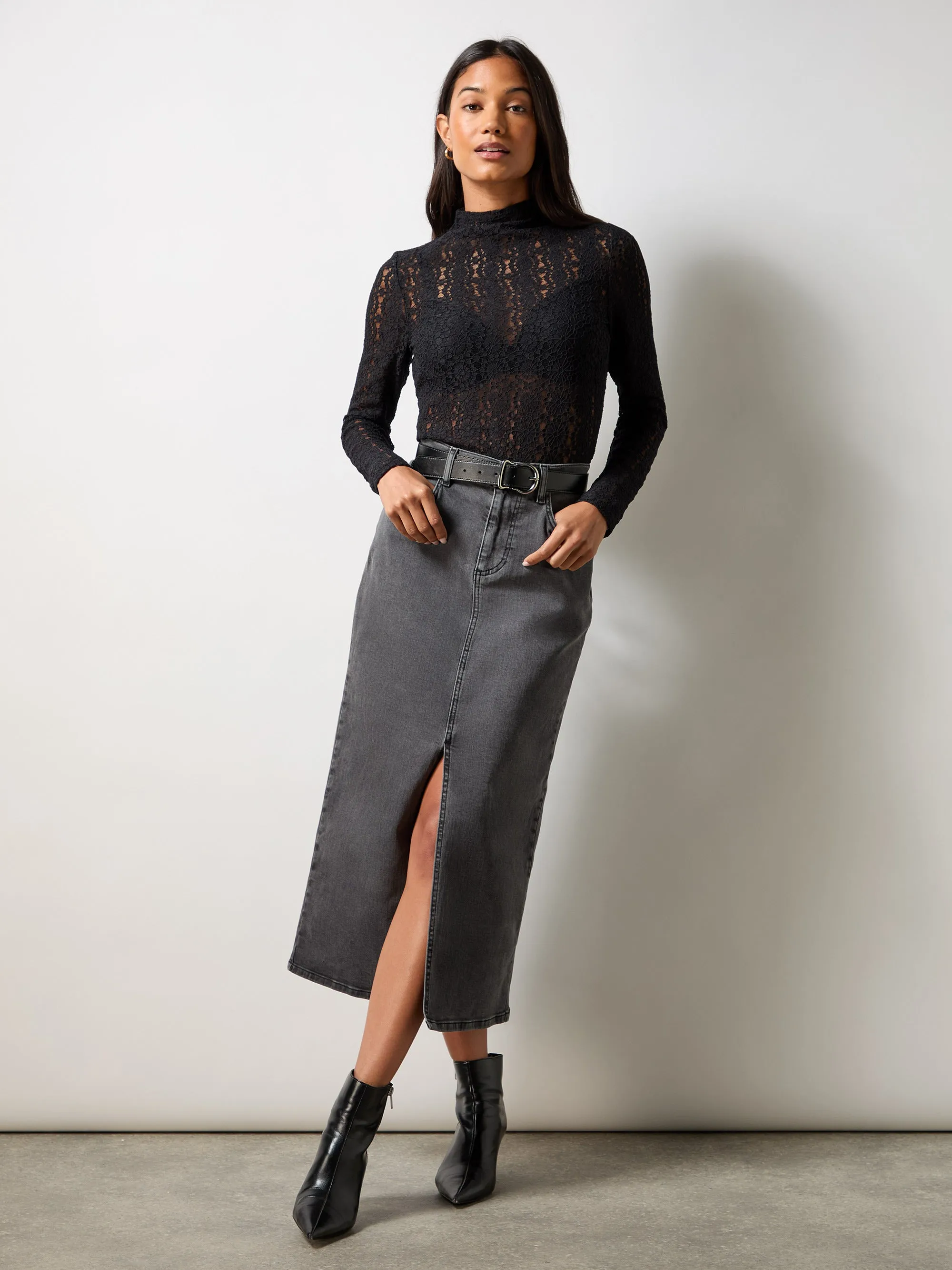 Grey Denim Midi Skirt