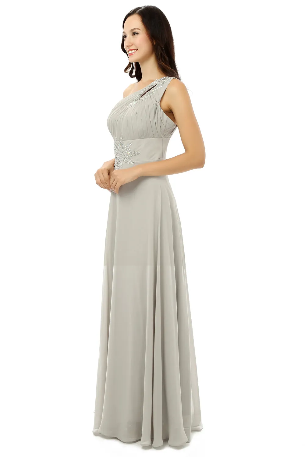 Grey One Shoulder Chiffon Pleats Beading Bridesmaid Dresses LG0254