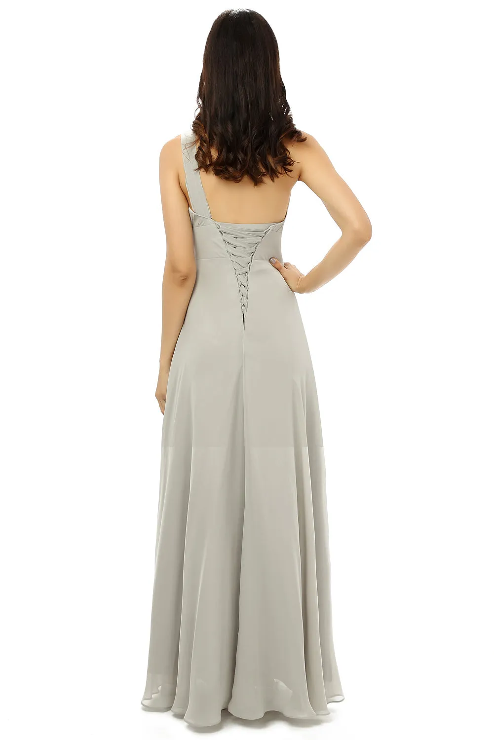 Grey One Shoulder Chiffon Pleats Beading Bridesmaid Dresses LG0254