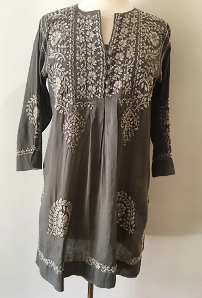 Hand Embroidered Tunic Top in Silver Gray