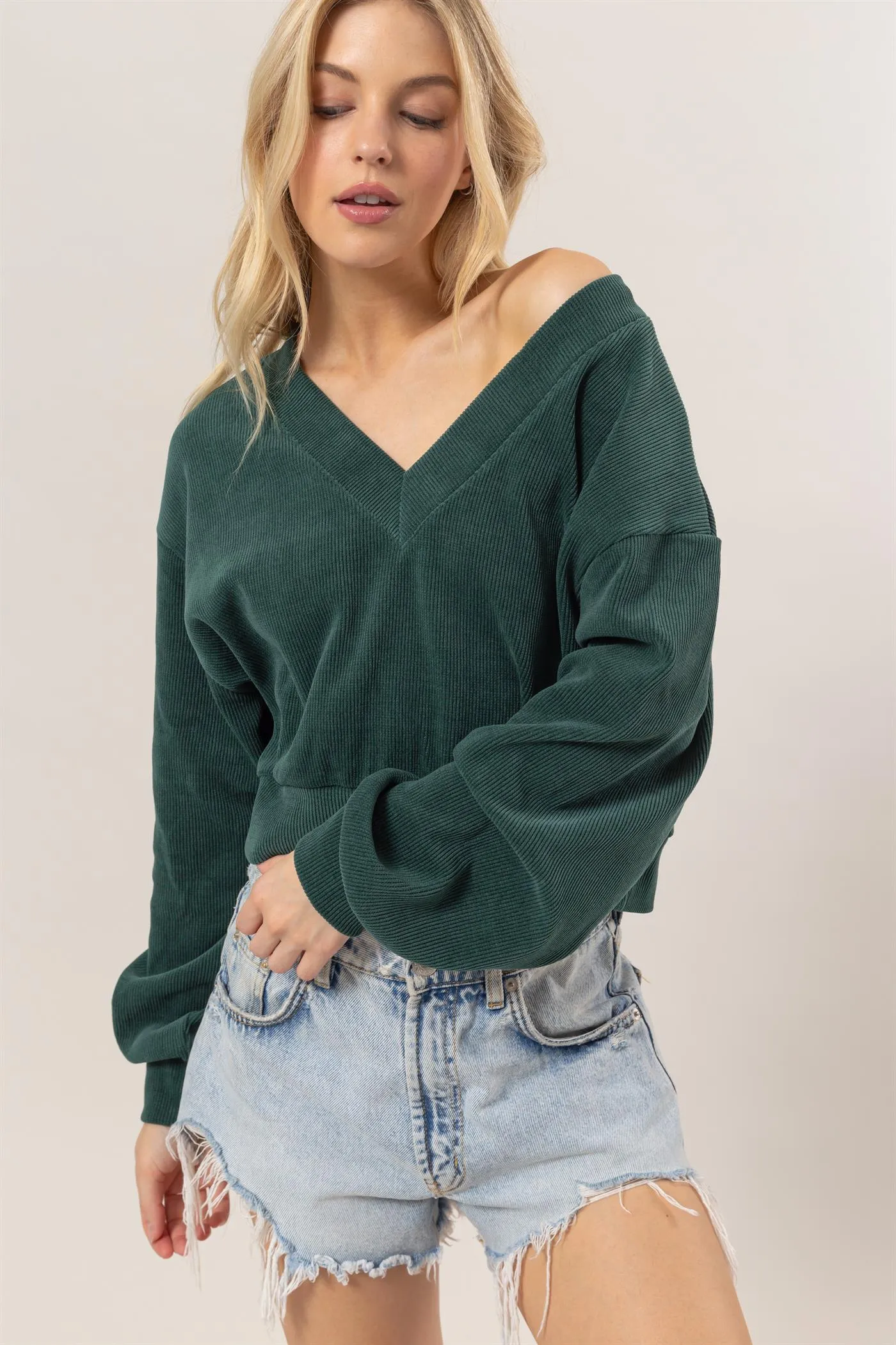 HF25C201-Rib Knit V-Neck Top