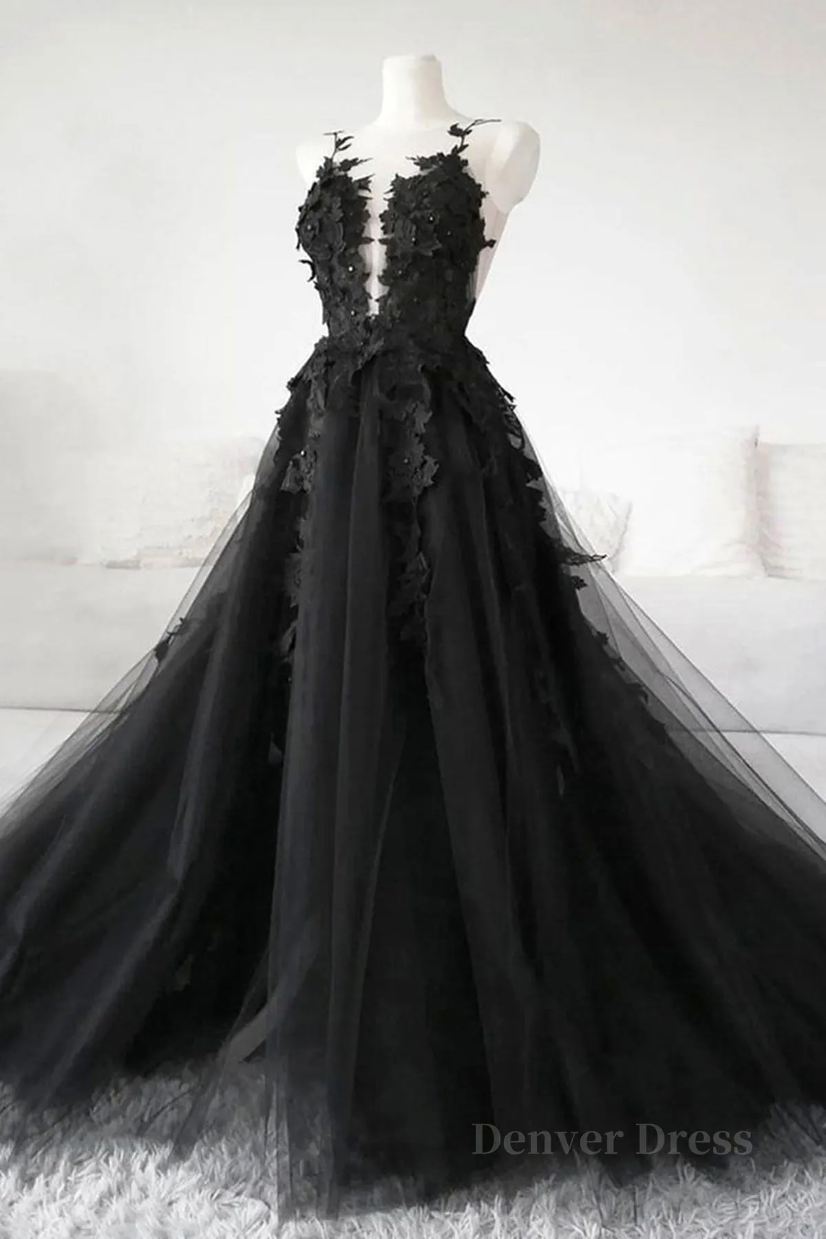 kamahe V Neck Open Back Black Tulle Lace Floral Long Prom Dresses, Black Lace Formal Evening Dresses with Appliques