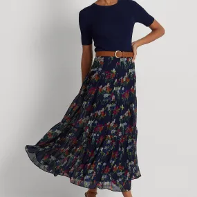 Lauren Ralph Lauren Floral Crinkle Georgette Skirt Navy