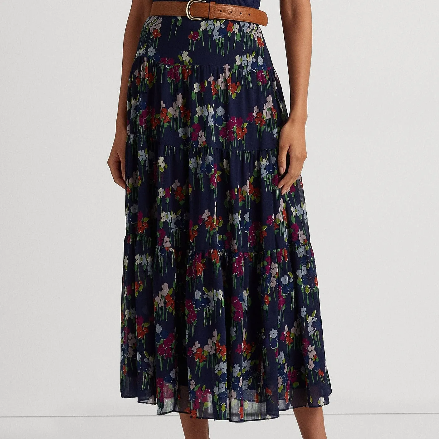 Lauren Ralph Lauren Floral Crinkle Georgette Skirt Navy