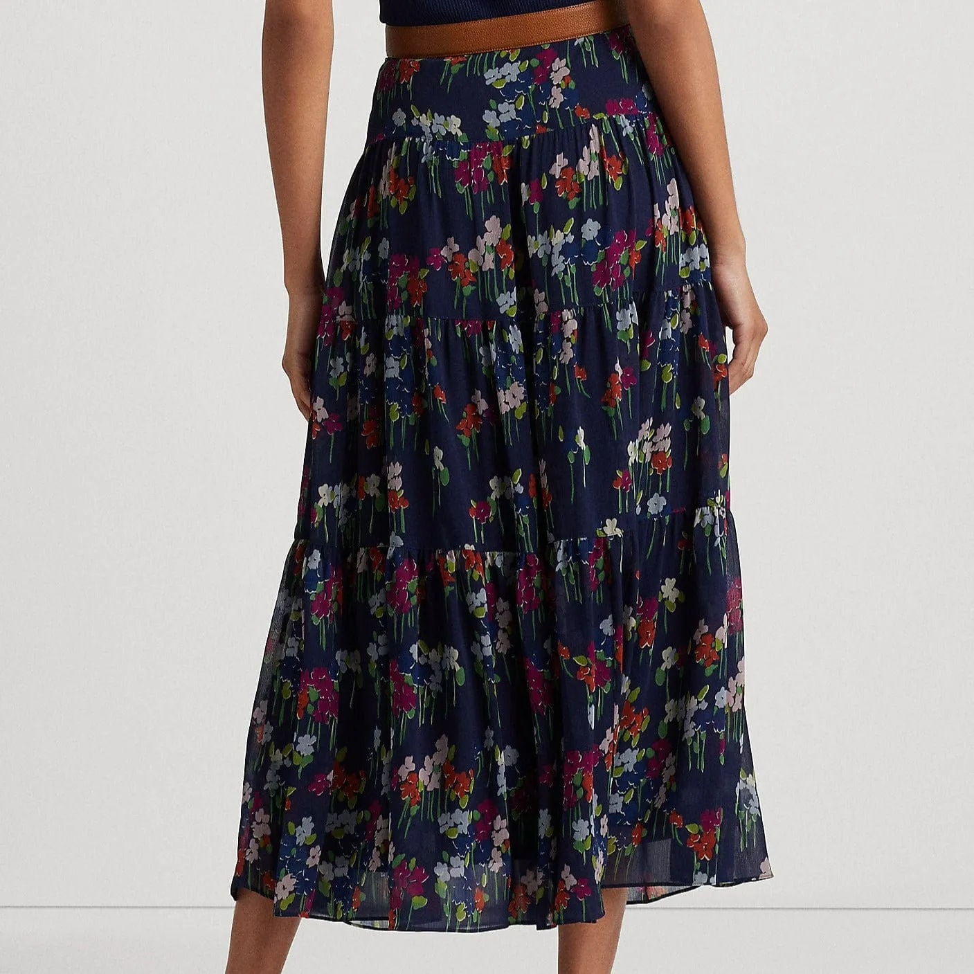 Lauren Ralph Lauren Floral Crinkle Georgette Skirt Navy