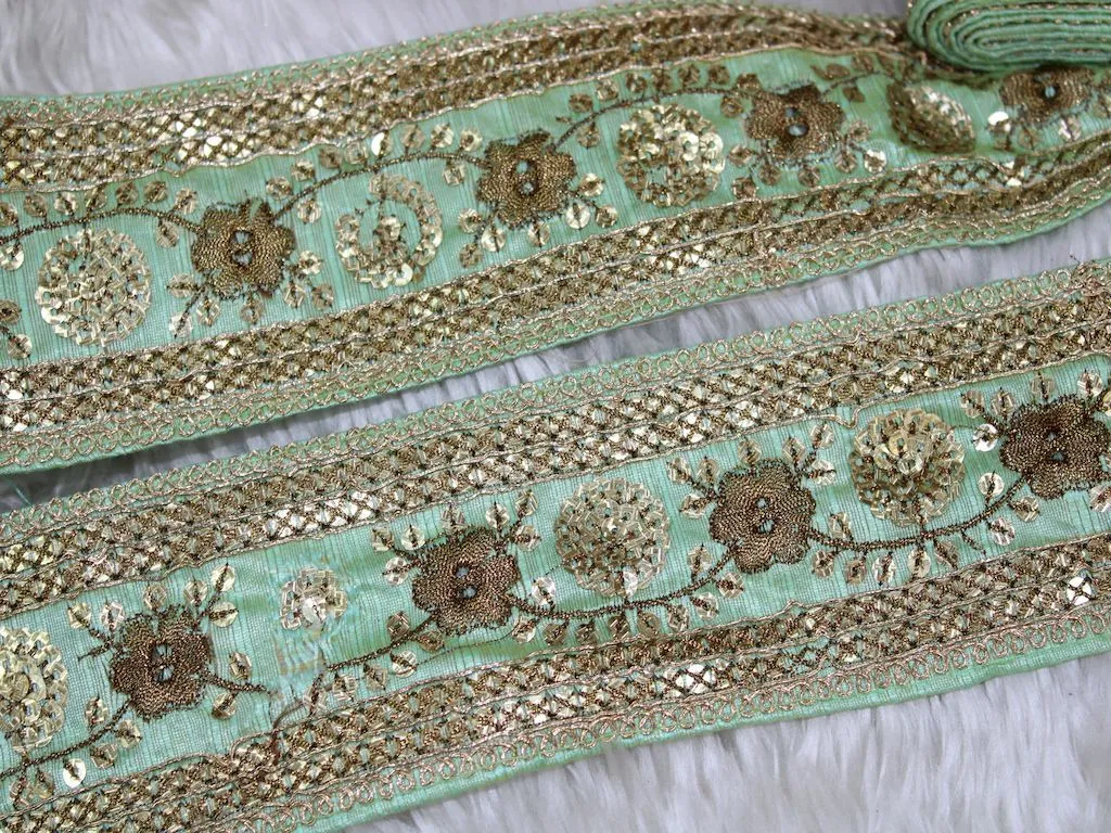 Light Green Fancy Sequins and Zari Work Embroidered Border