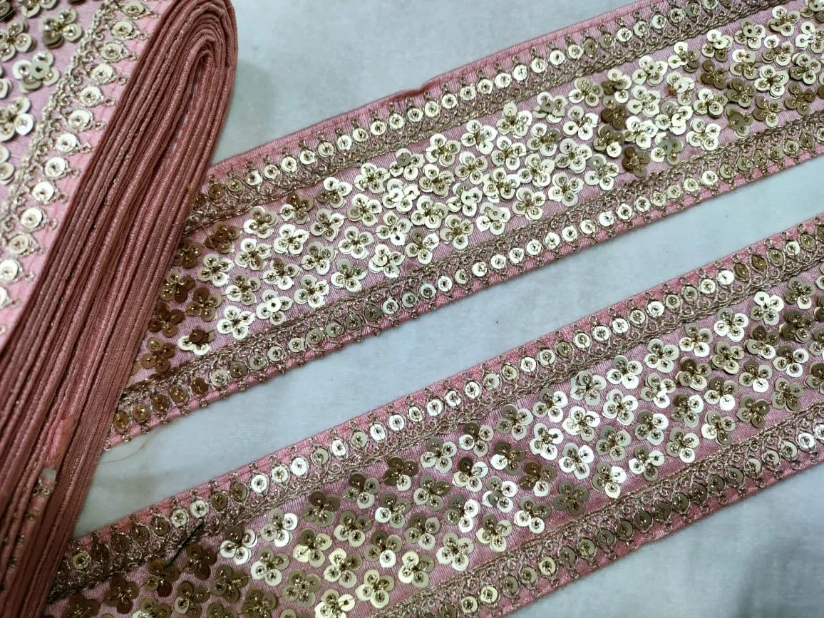 Light Pink & Golden Sequins Lace Border