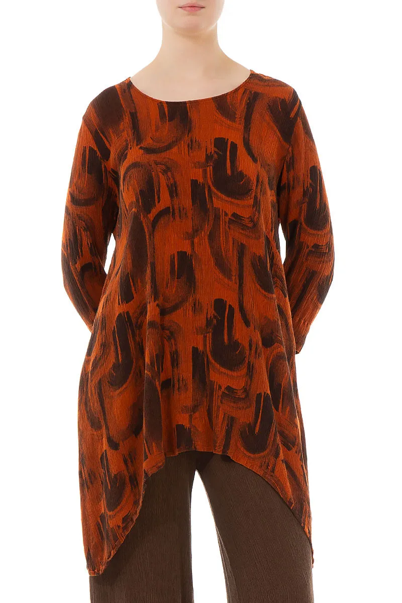 Longer Edge Burnt Orange Paintwave Silk Viscose Tunic