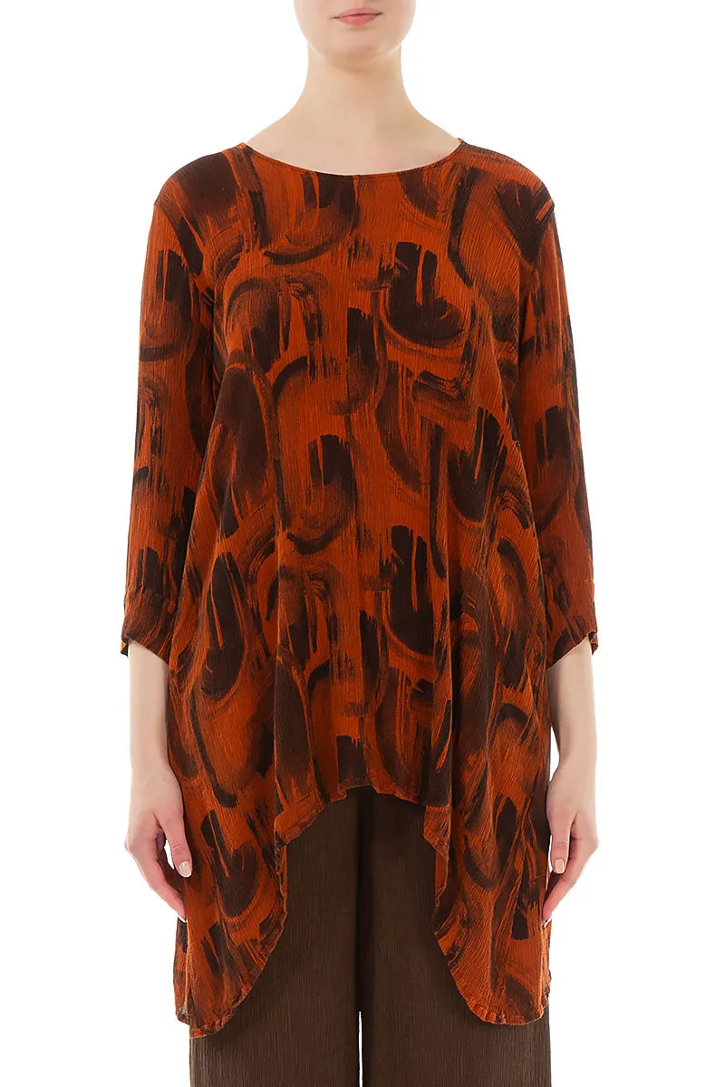 Longer Edge Burnt Orange Paintwave Silk Viscose Tunic