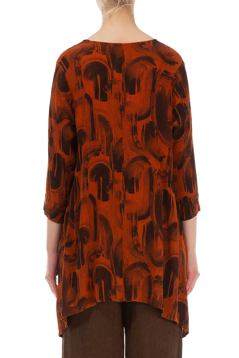 Longer Edge Burnt Orange Paintwave Silk Viscose Tunic