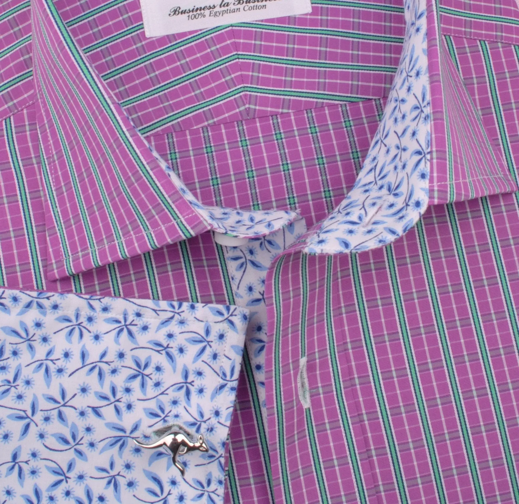 Magenta Red Green Fade Striped Checkered Designer Formal Business Shirt with Dandelion Inner-Lining