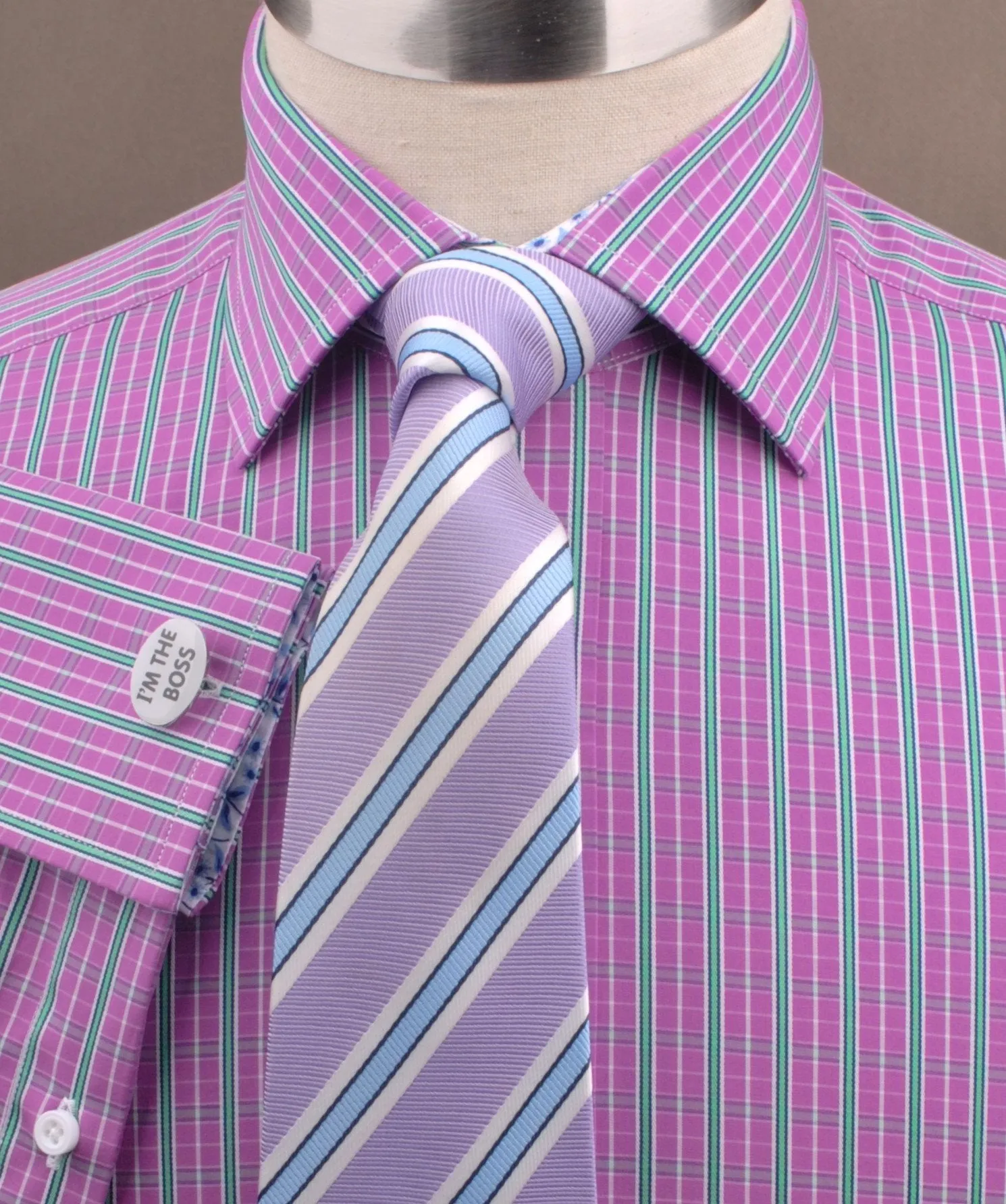 Magenta Red Green Fade Striped Checkered Designer Formal Business Shirt with Dandelion Inner-Lining