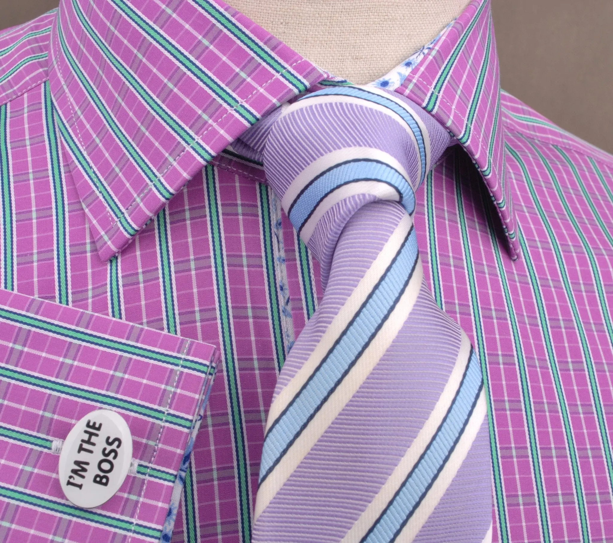 Magenta Red Green Fade Striped Checkered Designer Formal Business Shirt with Dandelion Inner-Lining