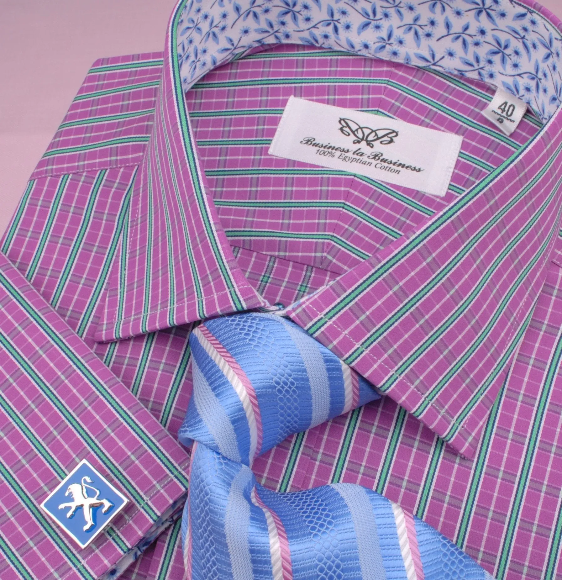 Magenta Red Green Fade Striped Checkered Designer Formal Business Shirt with Dandelion Inner-Lining