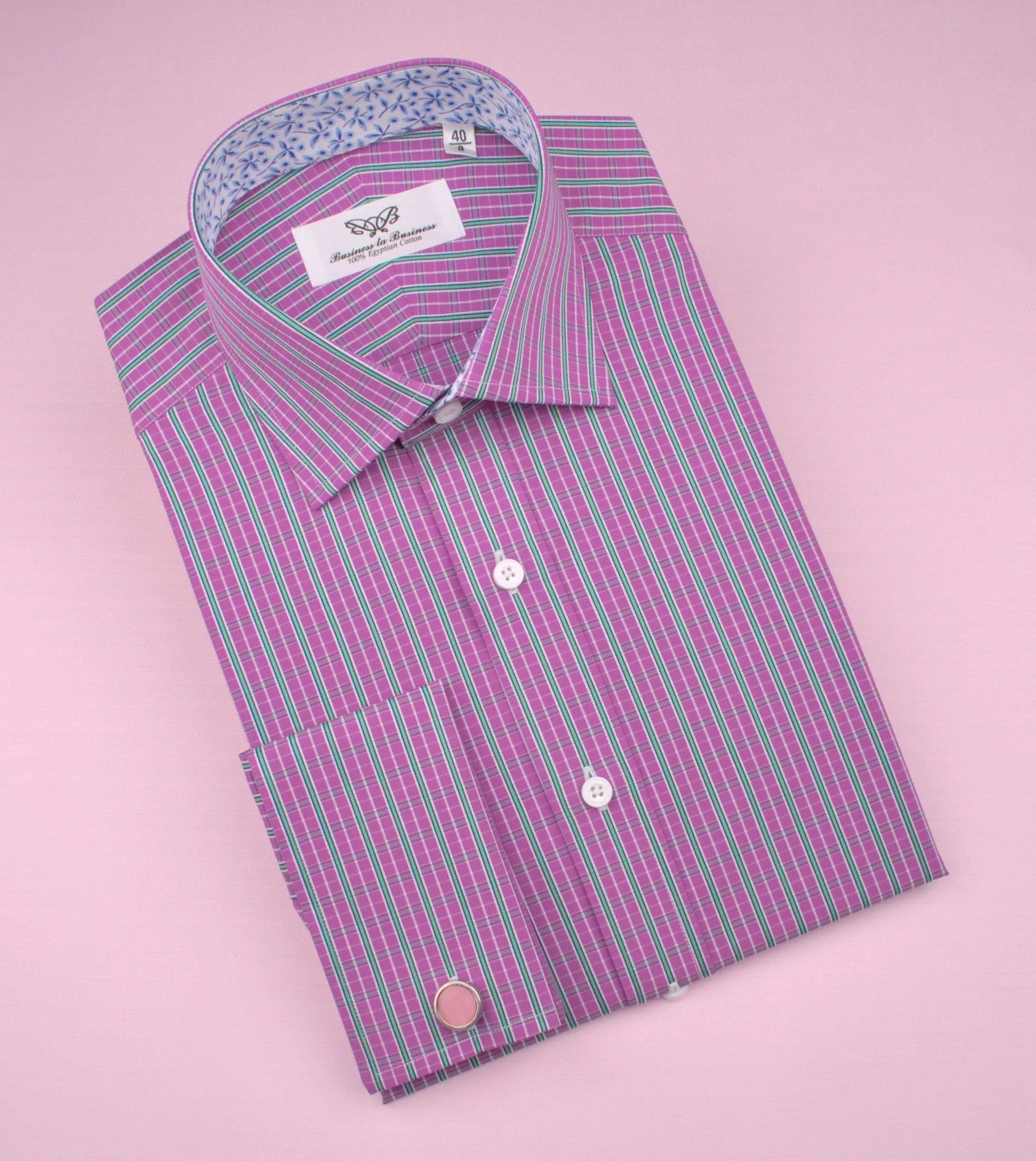 Magenta Red Green Fade Striped Checkered Designer Formal Business Shirt with Dandelion Inner-Lining