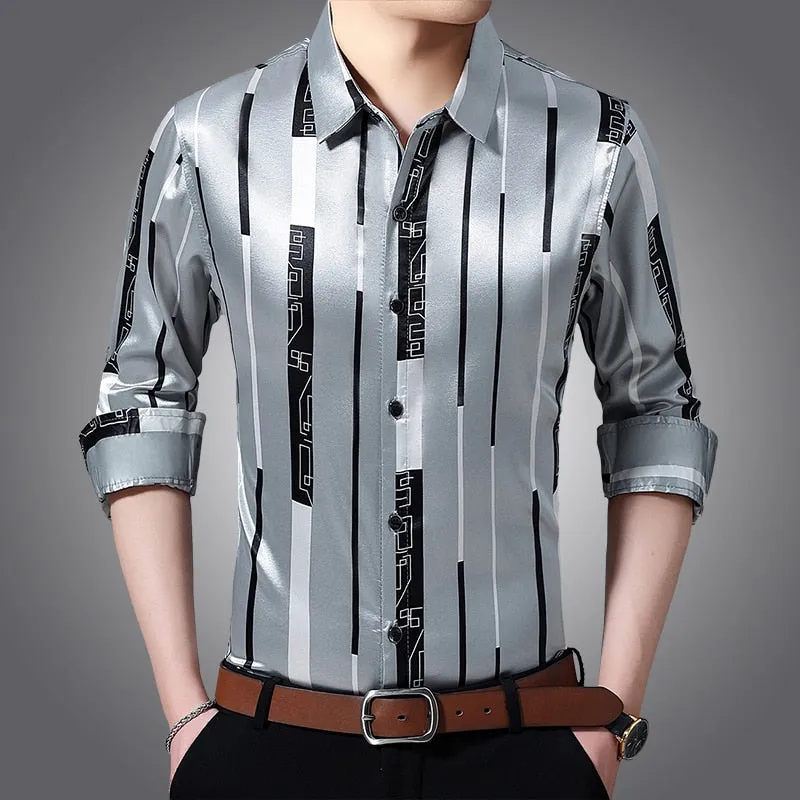 Male Silk Long Sleeve Striped Shirts