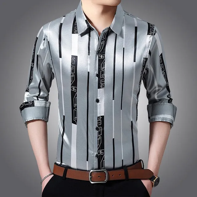 Male Silk Long Sleeve Striped Shirts