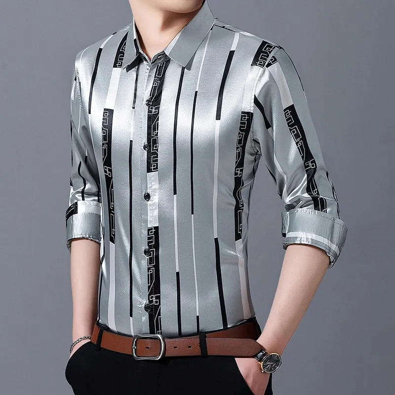 Male Silk Long Sleeve Striped Shirts