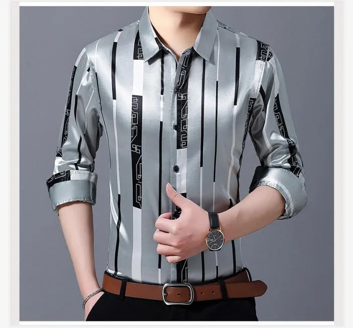 Male Silk Long Sleeve Striped Shirts