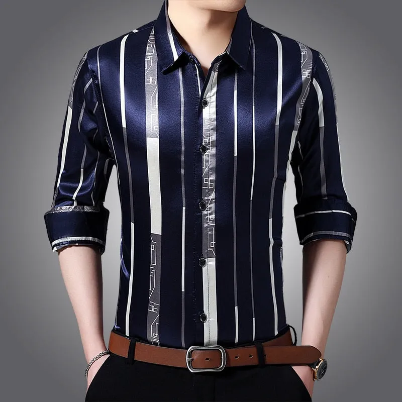 Male Silk Long Sleeve Striped Shirts